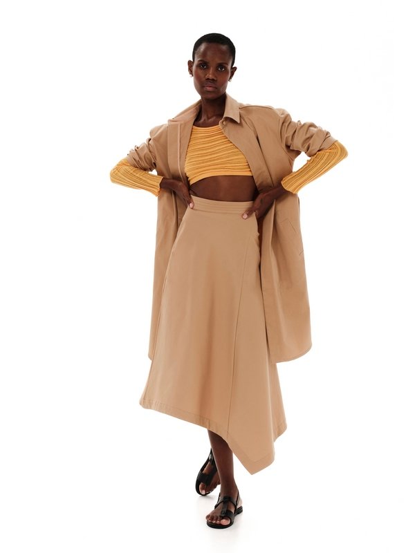 Ioanna Kourbela Midi Asymmetric Skirt – Seams and Structure Μπεζ Μίντι Ψηλόμεση Ασύμμετρη Φούστα