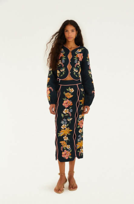 FARMRIO - Dark blue maira floral euroflax premium linen midi skirt